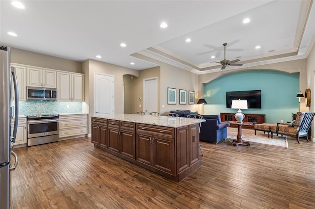 kitchen with dark wood-type flooring, stainless steel appliances, a raised ceiling, and a center island with sink