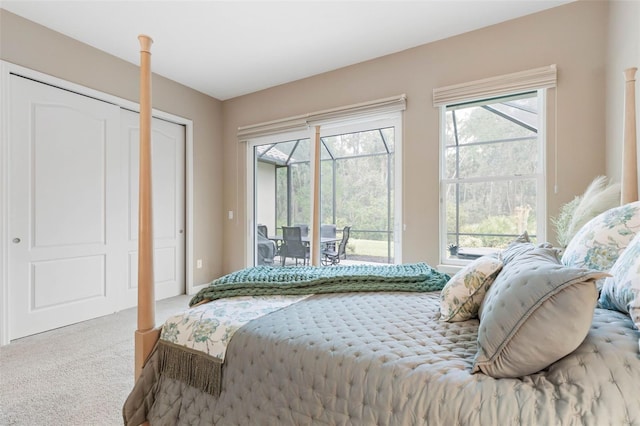 carpeted bedroom with access to outside and a closet