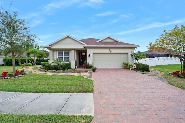 ranch-style house with a garage and a front lawn