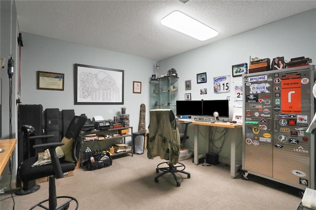 carpeted office with a textured ceiling