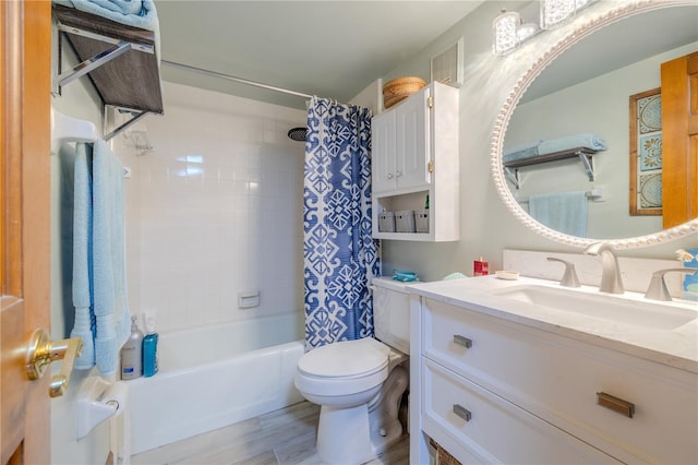 full bathroom with shower / bath combo, toilet, wood-type flooring, and vanity