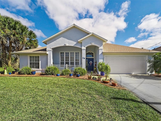 ranch-style house with a garage and a front yard