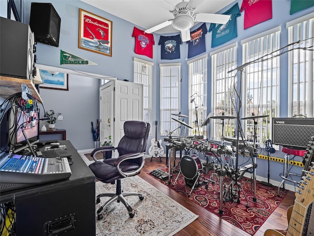 office with ceiling fan and wood-type flooring