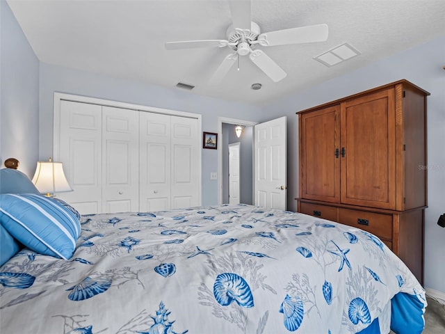 bedroom with ceiling fan and a closet