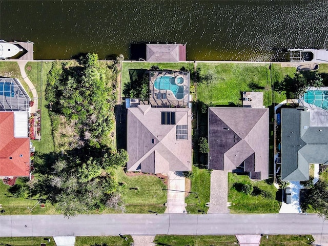 drone / aerial view featuring a water view