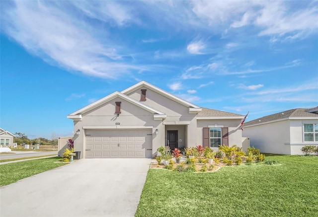 ranch-style home featuring a garage and a front lawn