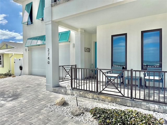 view of patio with a garage