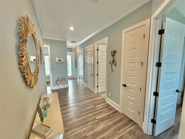 hall with crown molding and wood-type flooring