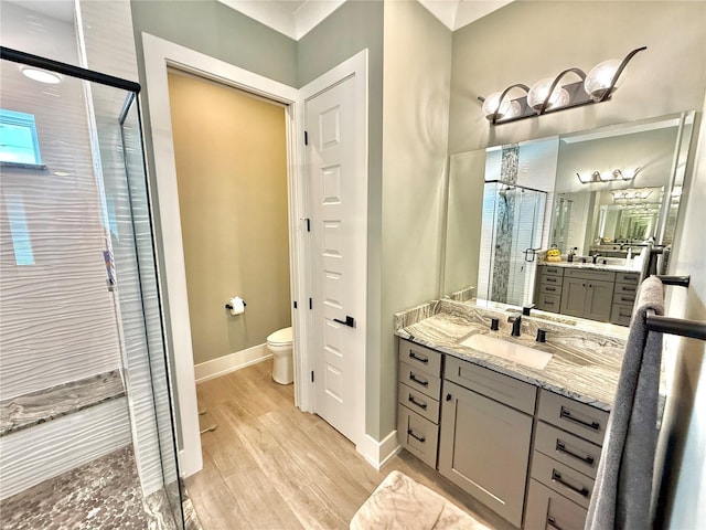 bathroom with hardwood / wood-style floors, vanity, toilet, and a shower with shower door