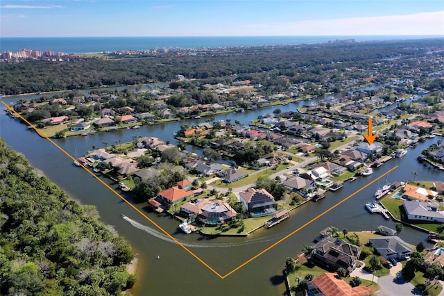 aerial view featuring a water view