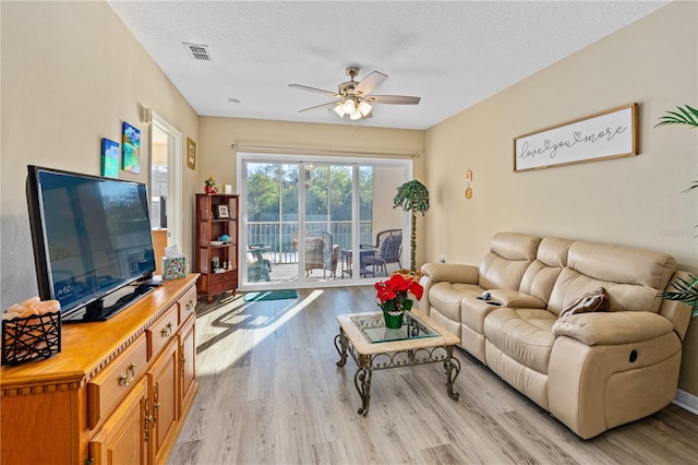 living room with ceiling fan, light hardwood / wood-style floors, and a textured ceiling