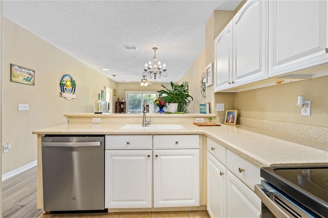 kitchen featuring stainless steel dishwasher, white cabinetry, kitchen peninsula, and sink