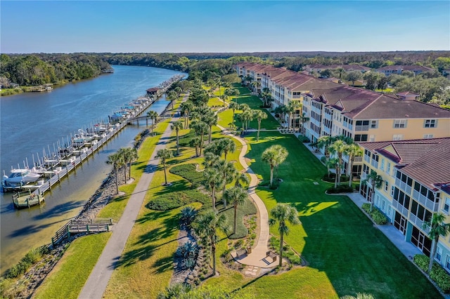 drone / aerial view featuring a water view