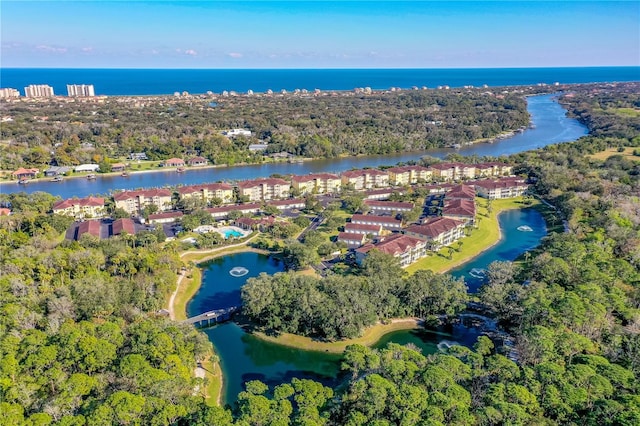 aerial view featuring a water view