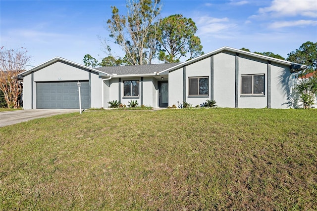 ranch-style house with a garage and a front lawn