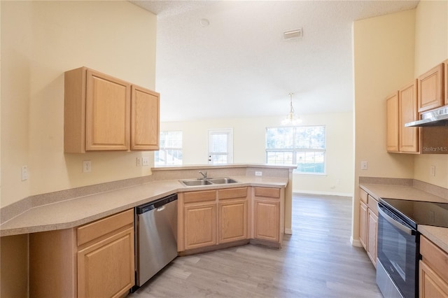 kitchen featuring dishwasher, sink, kitchen peninsula, black / electric stove, and light brown cabinetry