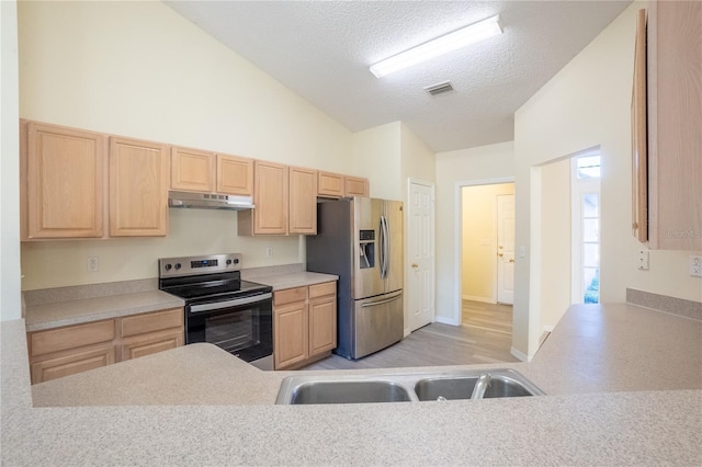 kitchen with light brown cabinetry, a textured ceiling, stainless steel appliances, and sink