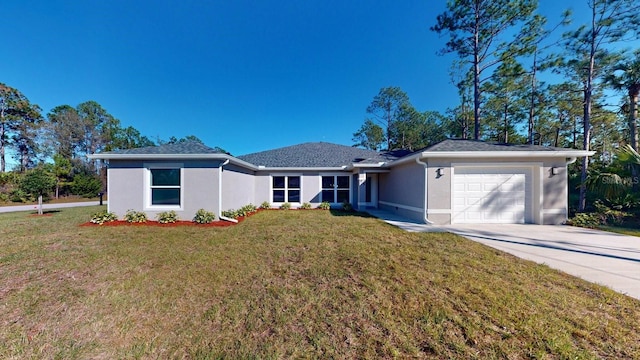 ranch-style house featuring a garage and a front yard