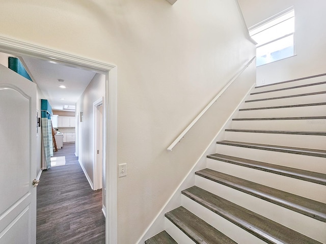 staircase with hardwood / wood-style flooring