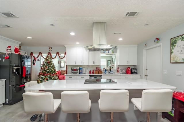 kitchen with island exhaust hood, sink, a kitchen island, and black appliances