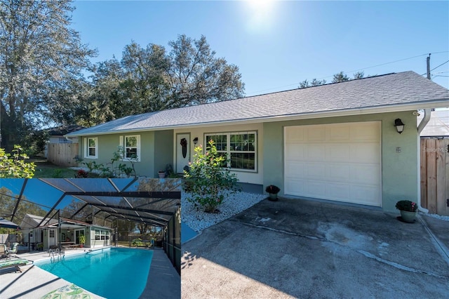 5700 E Fort King St, Ocala, FL 34470 - ranch-style home featuring an attached garage, stucco siding, driveway, a lanai, and an outdoor pool