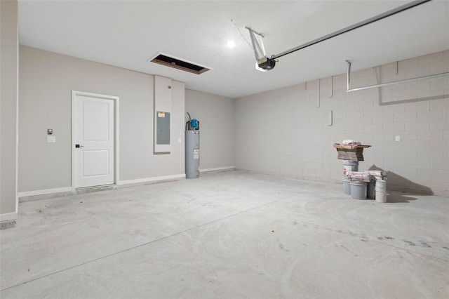 75 Randolph Dr, Palm Coast, FL 32164 - garage with concrete block wall, baseboards, electric panel, water heater, and a garage door opener