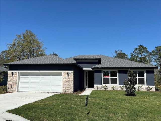 75 Randolph Dr, Palm Coast, FL 32164 - view of front facade featuring a front yard, driveway, a shingled roof, stone siding, and a garage