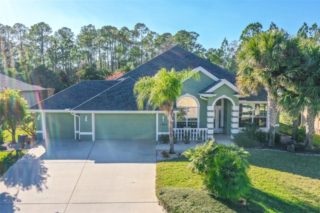 ranch-style home featuring a garage, covered porch, and a front lawn