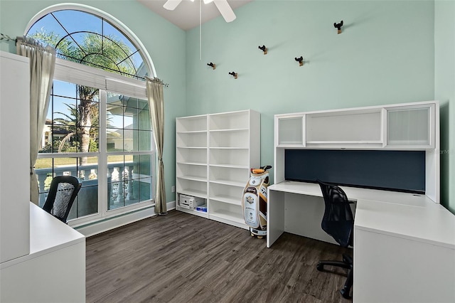 unfurnished office featuring ceiling fan and dark wood-type flooring