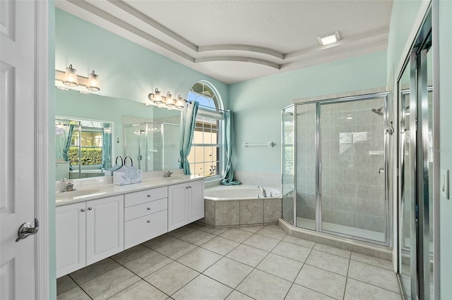 bathroom with vanity, tile patterned floors, and independent shower and bath