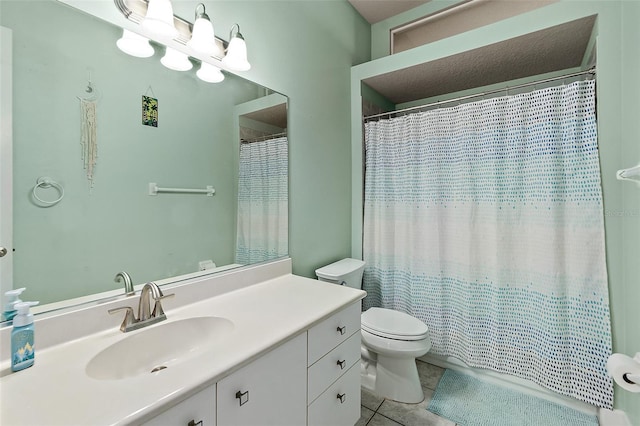 bathroom with tile patterned flooring, vanity, toilet, and a shower with shower curtain