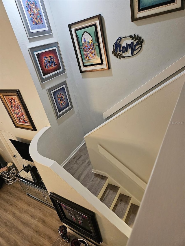 staircase featuring hardwood / wood-style flooring