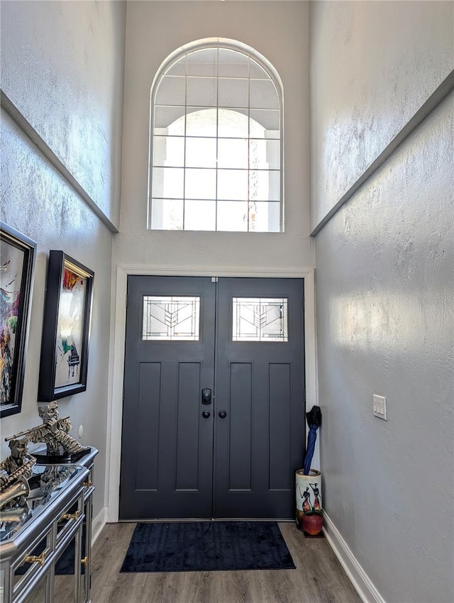 entrance foyer featuring a high ceiling, wood finished floors, and baseboards