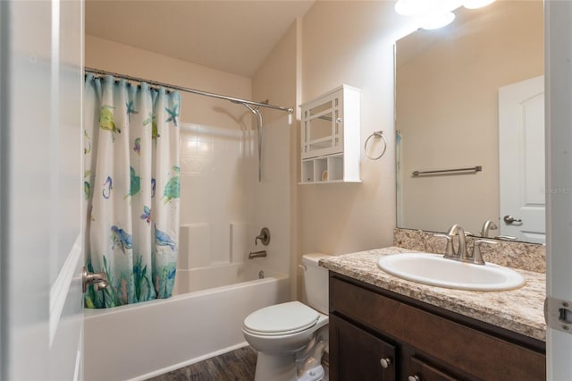 full bathroom with shower / tub combo, vanity, wood-type flooring, and toilet