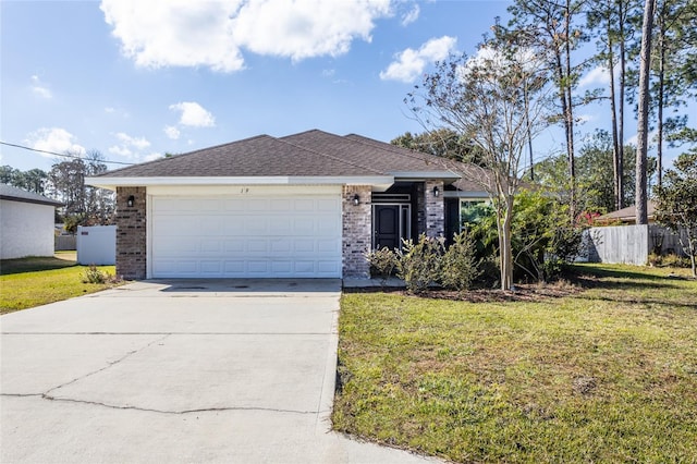 ranch-style home with a garage and a front lawn