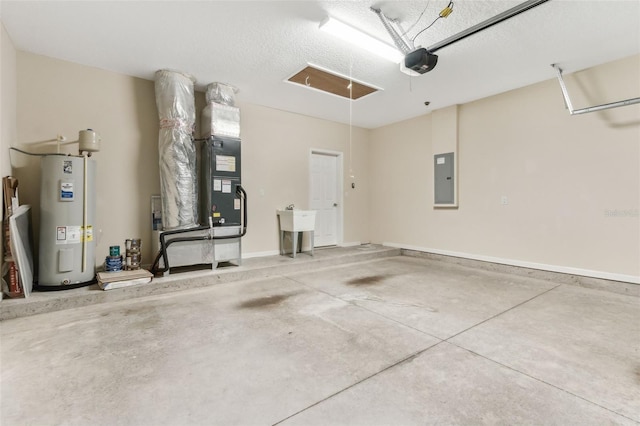 garage featuring electric water heater, electric panel, sink, heating unit, and a garage door opener