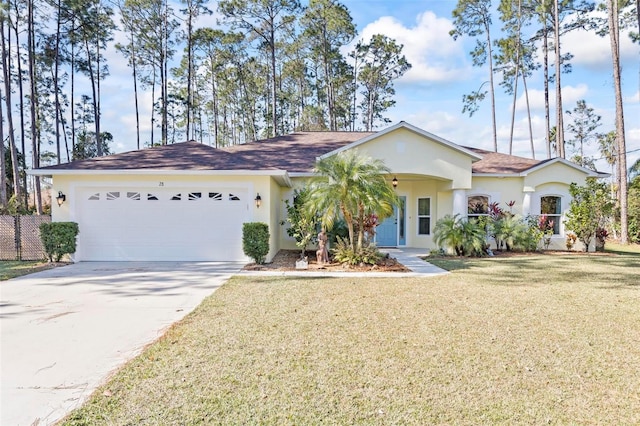 single story home with a front yard and a garage