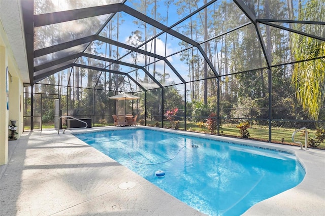 view of swimming pool featuring a lanai and a patio area