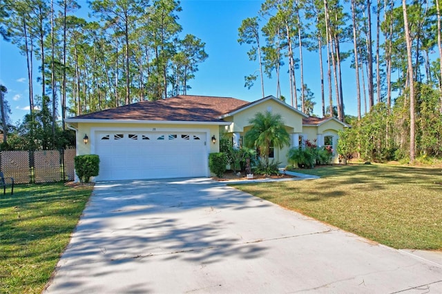 ranch-style home with a garage and a front lawn