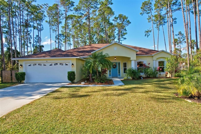 ranch-style home featuring a garage and a front lawn