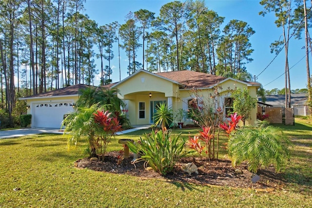 view of front of home featuring a garage and a front lawn