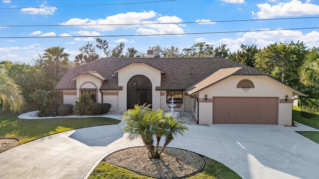 view of front of property featuring a front yard and a garage