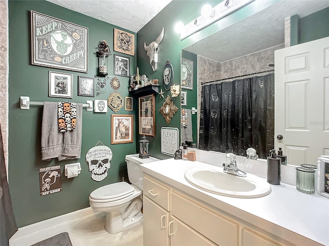 bathroom featuring tile patterned floors, a textured ceiling, toilet, vanity, and a shower with shower curtain