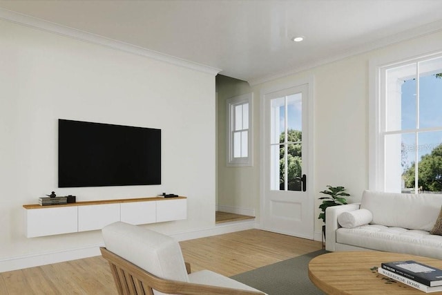 living room featuring light hardwood / wood-style flooring, a wealth of natural light, and ornamental molding