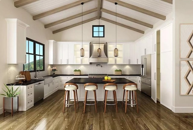 kitchen with custom exhaust hood, stainless steel appliances, decorative light fixtures, white cabinets, and a kitchen island