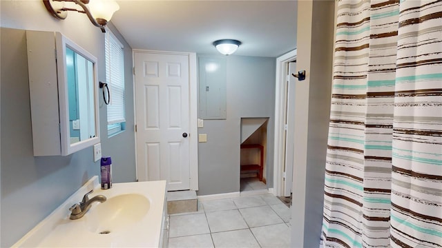 bathroom with tile patterned floors, vanity, and electric panel