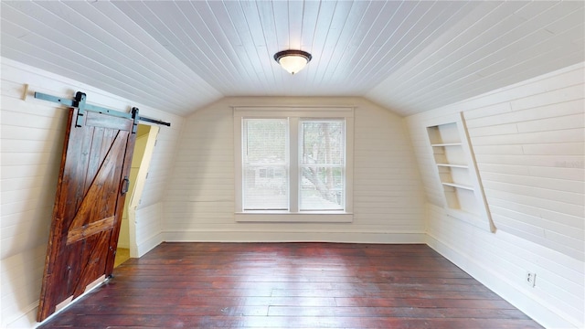 additional living space featuring dark hardwood / wood-style flooring, built in features, lofted ceiling, and wood ceiling