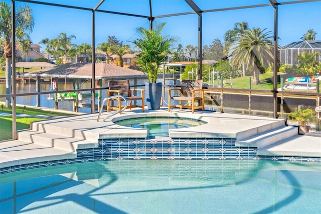 view of swimming pool with a jacuzzi and glass enclosure