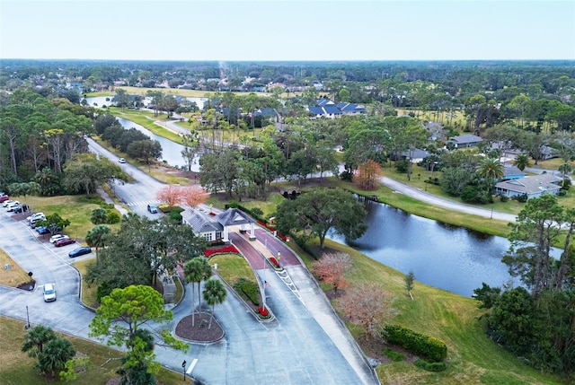 bird's eye view with a water view