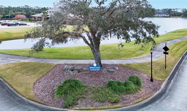 view of property's community featuring a yard and a water view